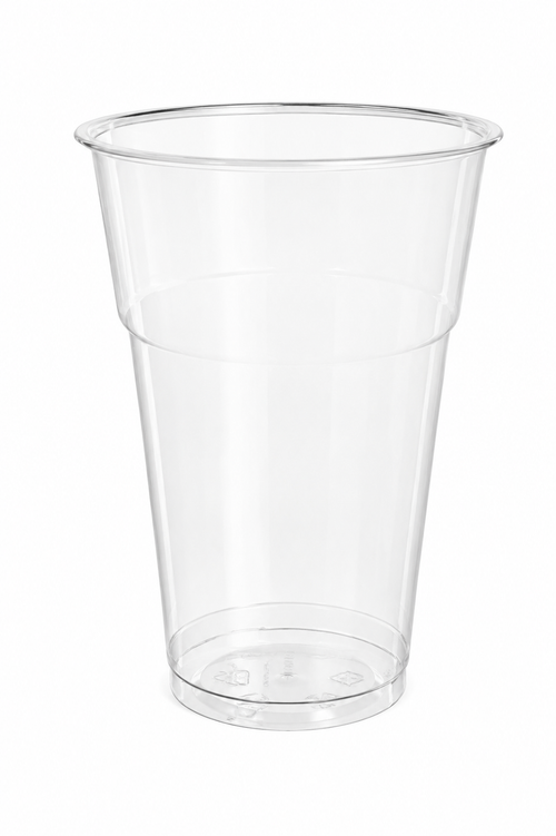Bicchiere monouso trasparente in R-PET Aristea da 500 cc con tacca certificata a 400 ml (0,4L). Ideale per birra alla spina, eventi, sagre, pub e feste. Materiale riciclabile e resistente.