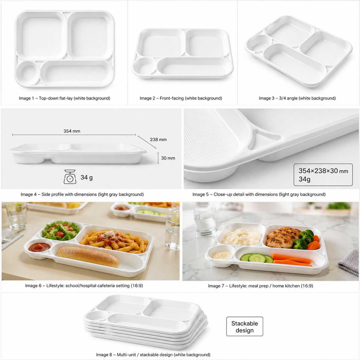 VASSOIO MONOUSO 4 SCOMPARTI IN PS BIANCO MM238X354 H30 G 34