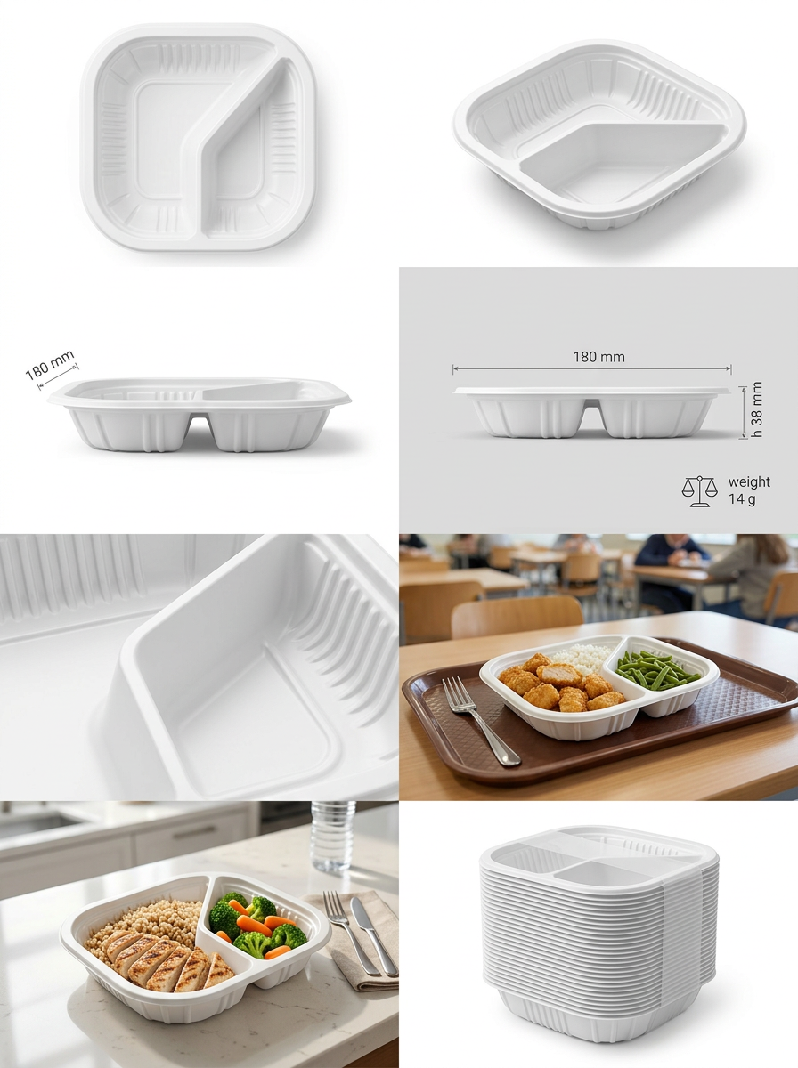 PIATTO QUADRATO BISCOMPARTO TERMOSALDABILE IN PP BIANCO MM 180X180 H 38 G 14