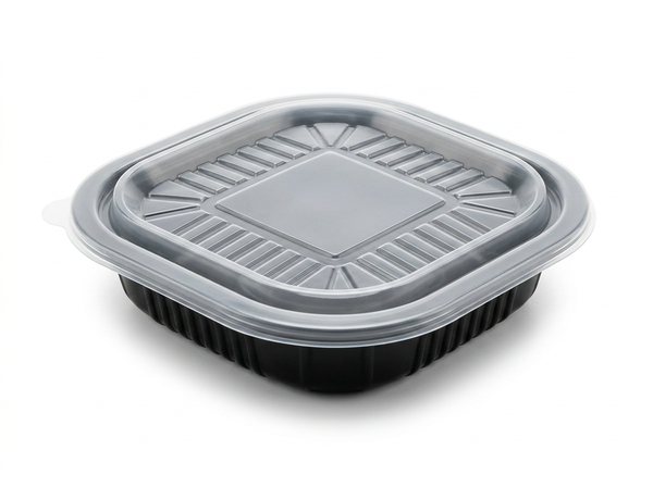 PIATTO QUADRATO NERO CM18X18X3,8H CON COPERCCHIO PER IL TAKE AWAY 50PZ + 50pz