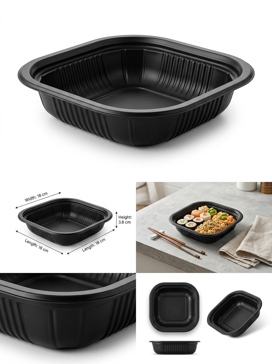 PIATTO QUADRATO TERMOSALDABILE IN PP NERO MM 180X180 H 38 G 11