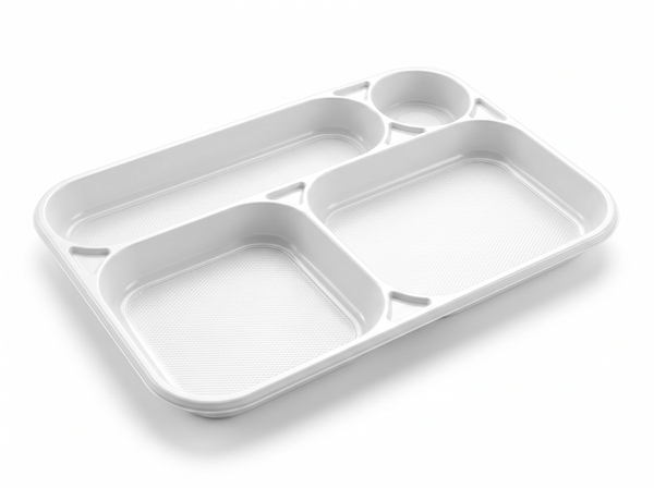 DISPOSABLE 4-COMPARTMENT TRAY IN WHITE PS 238X354MM H30 G 34